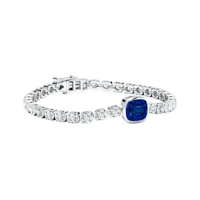 Angara Bezel-set Cushion Lab-grown Blue Sapphire Tennis Bracelet With Diamond Accents