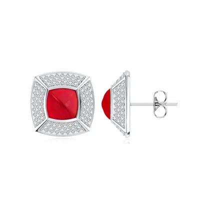 Angara Bezel-set Cushion Lab-grown Ruby Pyramid Halo Stud Earrings