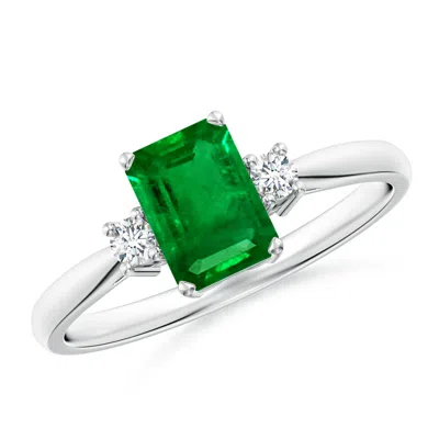 Angara Lab-grown-classic Emerald-cut Emerald & Round Diamond Three Stone Ring