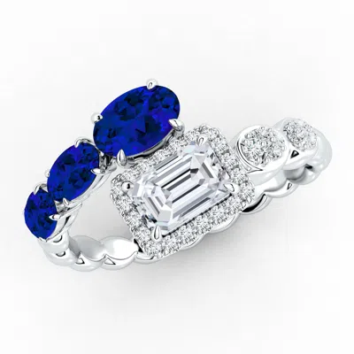 Angara Oval Lab-grown Blue Sapphire And Emerald-cut Diamond Open Ring