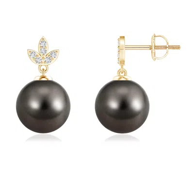 Angara 9mm Tahitian Cultured Pearl Earrings With Diamond Leaf Motifs