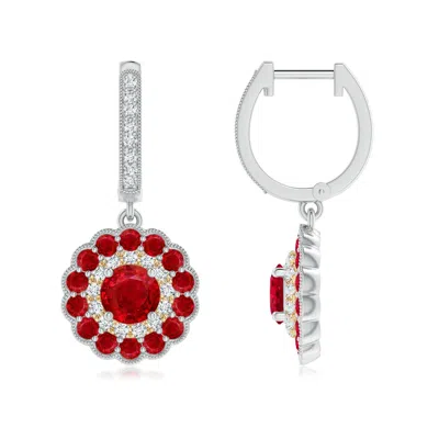Angara Round Ruby Two Tone Drop Earrings With Double Halo