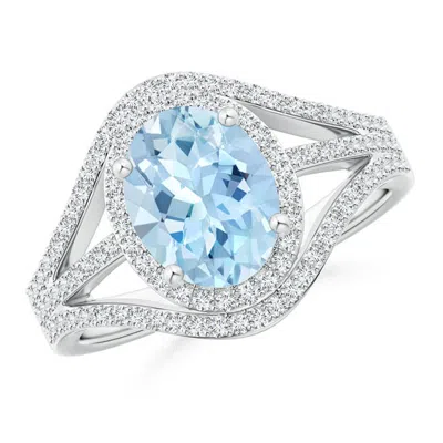 Angara Triple Shank Oval Aquamarine And Diamond Halo Ring