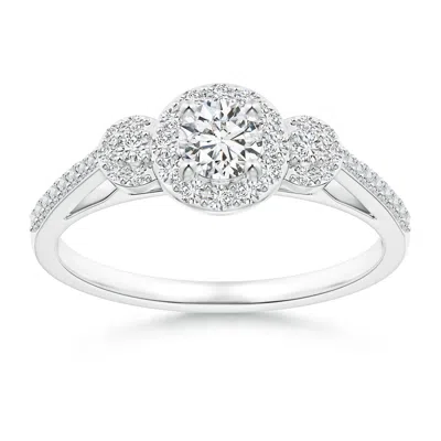 Angara Three Stone Round Diamond Halo Ring