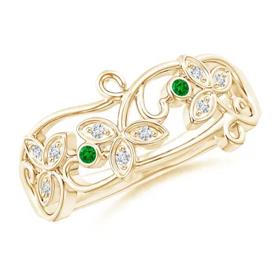 Angara Vintage Style Emerald And Diamond Flower Scroll Ring