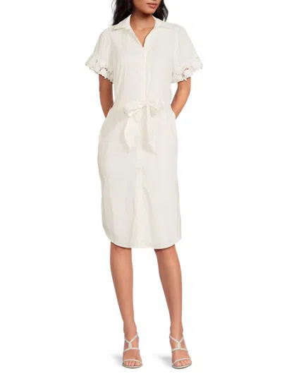 T Tahari Eyelet Cotton Shirtdress In White