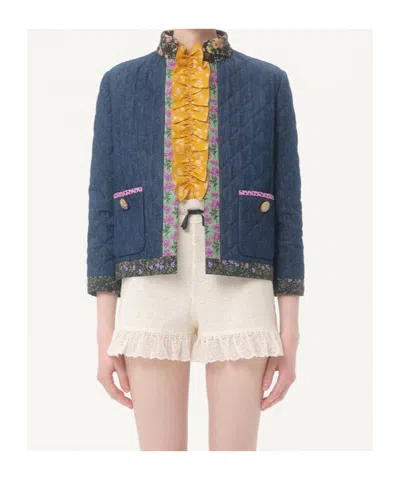 Valentino Womens Blu Medio Chambray Floral-print Denim Jacket In Blue
