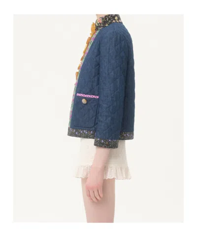 Valentino Womens Blu Medio Chambray Floral-print Denim Jacket In Blue
