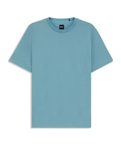 Hugo Boss Geometric-jacquard T-shirt In Mercerized Cotton In Blue