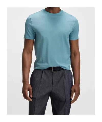Hugo Boss Geometric-jacquard T-shirt In Mercerized Cotton In Blue