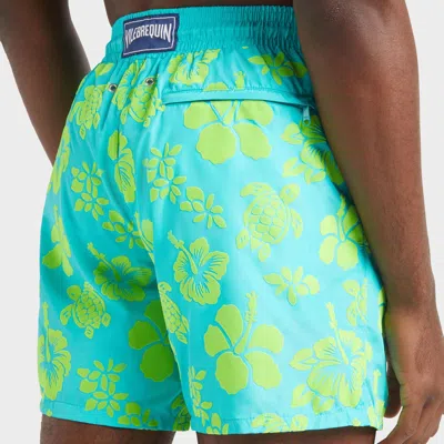 Vilebrequin Ultra-light And Packable Flocked Swim Shorts Tropical Turtle In Green