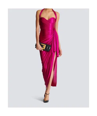 Balmain Draped Halterneck Satin Midi Dress In Pink