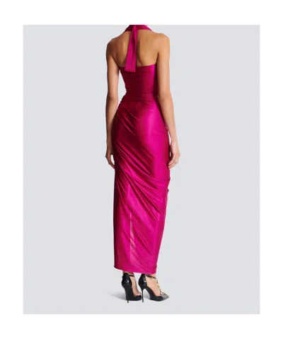 Balmain Draped Halterneck Satin Midi Dress In Pink