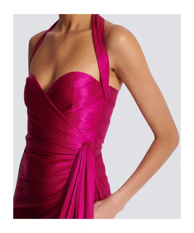 Balmain Draped Halterneck Satin Midi Dress In Pink