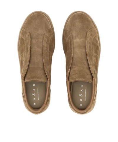 Hogan Brown Slip-on Leather Sneakers With Debossed Branding In Multi