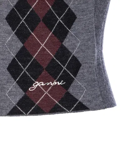 Ganni Grey Sweater With Classic Collar And Check Motif On The Front In Wool Woman In Multi