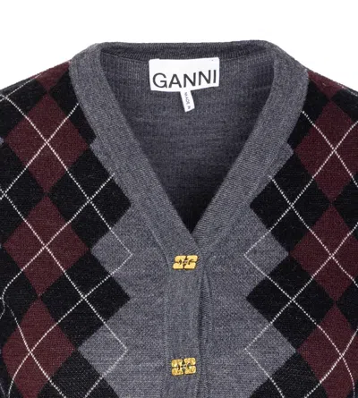 Ganni Grey Sweater With Classic Collar And Check Motif On The Front In Wool Woman In Multi