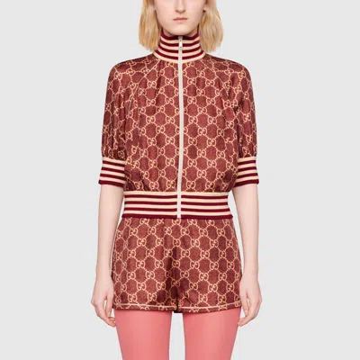 Gucci Burgundy Silk Gg Supreme Short Sleeve Track Jacket In Burgundy