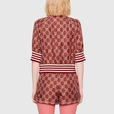 Gucci Burgundy Silk Gg Supreme Short Sleeve Track Jacket In Burgundy