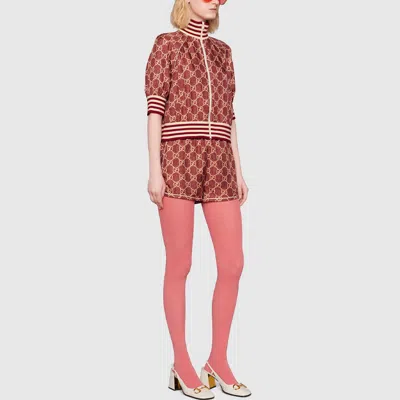 Gucci Burgundy Silk Gg Supreme Short Sleeve Track Jacket In Burgundy