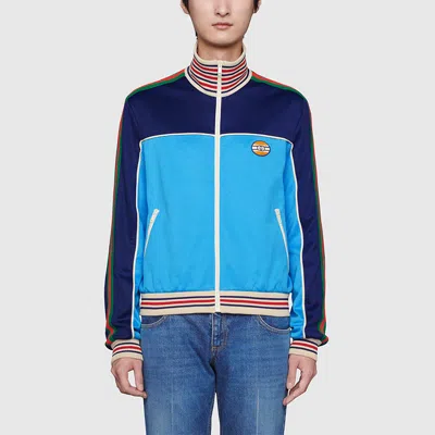 Gucci Technical Jersey Zip-up Jacket With Web 'blue' In Blue