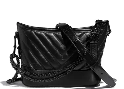 Pre-owned Chanel Women's  Gabrielle Hobo Bag Aged/smooth Calfskin Metal Small In Black