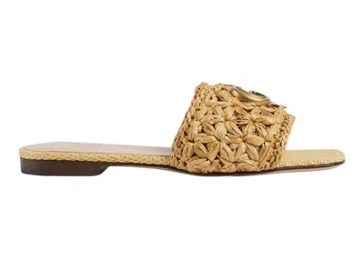 Pre-owned Gucci Women's  Double G Slide Sandal Woven Raffia Sneakers In Beige/gold