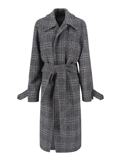 Balenciaga Check Oversize Wool Belted Coat In Gray