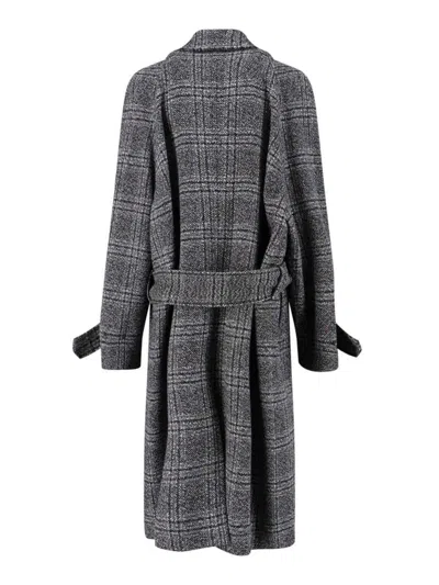 Balenciaga Check Oversize Wool Belted Coat In Gray