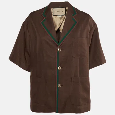 Pre-owned Gucci Brown Web Stripe Linen Blend Bowling Shirt S