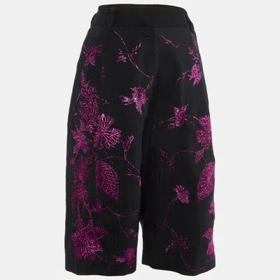 Pre-owned Dries Van Noten Black Lurex Floral Embroidered Bermuda Shorts L