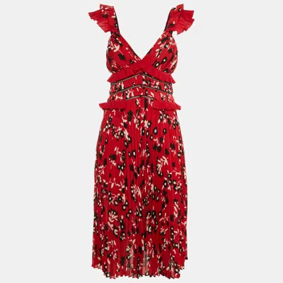 Pre-owned Self-portrait Red Floral Print Crepe Ruffled Midi Dress S