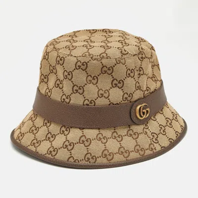 Pre-owned Gucci Beige Gg Canvas Leather Trimmed Bucket Hat M