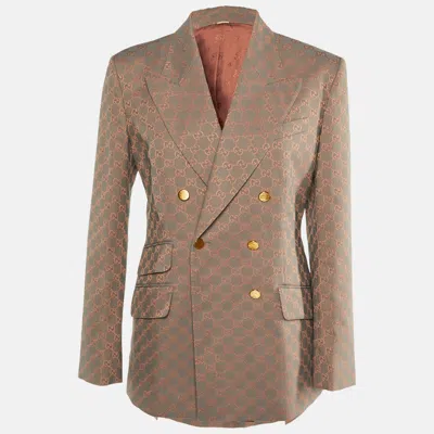 Pre-owned Gucci Coral Pink/grey Gg Jacquard Double Breasted Blazer M