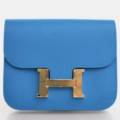 Pre-owned Hermes Constance Blue Frida Evercolor Slim Wallet
