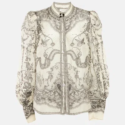 Pre-owned Zimmermann Off-linen Printed Linen And Silk Button Front Blouse Xl