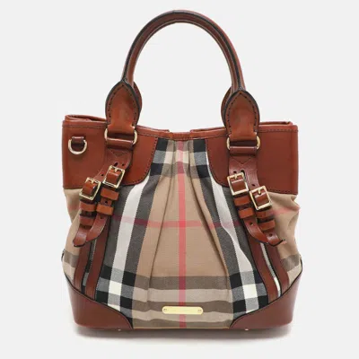 Pre-owned Burberry Brown House Check Canvas And Leather Bridle Whipstitch Tote