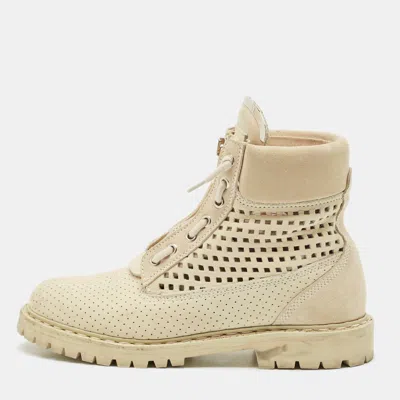 Pre-owned Balmain Cream Suede Combat Boots Size 40 In White