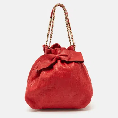 Pre-owned Carolina Herrera Red Monogram Embossed Leather Bow Bucket Shoulder Bag
