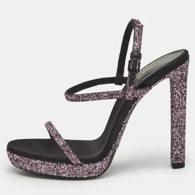 Pre-owned Saint Laurent Pink Glitter Hall Ankle Strap Sandals Size 38