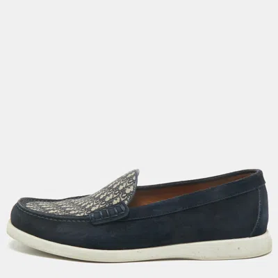 Pre-owned Dior Navy Blue Suede/beige And Oblique Jacquard Granville Loafers Size 41.5