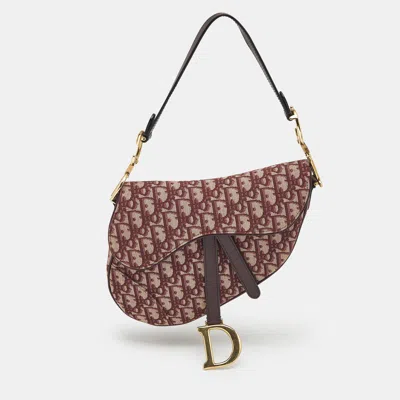 Pre-owned Dior Burgundy Oblique Canvas And Leather Saddle Bag