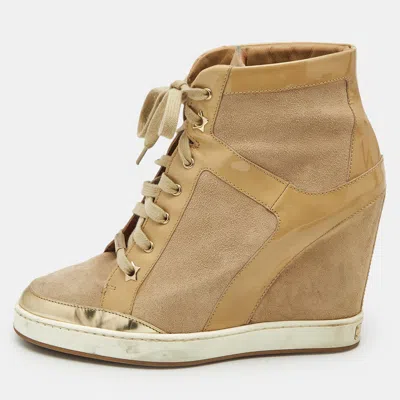 Pre-owned Jimmy Choo Beige Suede And Patent Leather Panama Wedge Sneakers Size 39