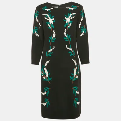 Pre-owned Oscar De La Renta Black Embroidered Wool Midi Dress Xl