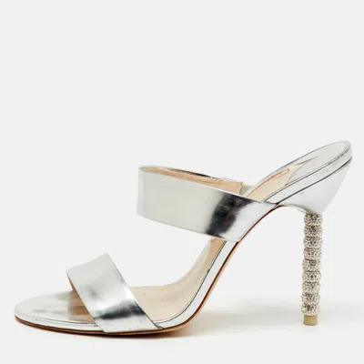 Pre-owned Sophia Webster Silver Foil Leather Crystal Embellished Heel Slide Sandals Size 40