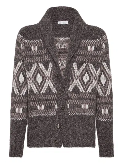 Brunello Cucinelli Wool Cardigan V-neck Geometric Pattern In Gray