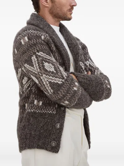 Brunello Cucinelli Wool Cardigan V-neck Geometric Pattern In Gray