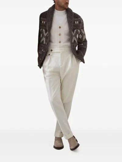 Brunello Cucinelli Wool Cardigan V-neck Geometric Pattern In Gray