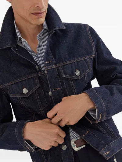 Brunello Cucinelli Striped Cotton Shirt With Button-down Collar In Blue