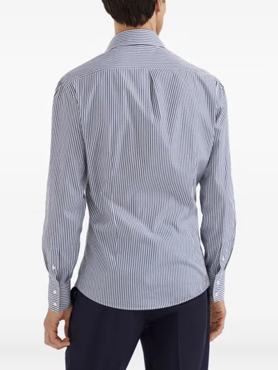 Brunello Cucinelli Striped Cotton Shirt With Button-down Collar In Blue